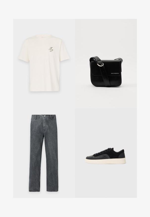 Filling Pieces TOPIARY UNISEX - Apdrukāts T-krekls - antique white; Evisu WORK PANT WITH DISTRESSED BACK DAICOCK SHAPE - Brīva piegriezuma džinsi - grey; Melnas sporta kurpes, kas izgatavotas no gludas ādas un strukturētas zamšādas kombinācijas, ar plakanu šķiedru auklu, noapaļotu purngalu un krēmkrāsas gumijas zolēm.; WANT Les Essentiels ARCH CROSSBODY UNISEX - Soma ar siksnu pāri ķermenim - black