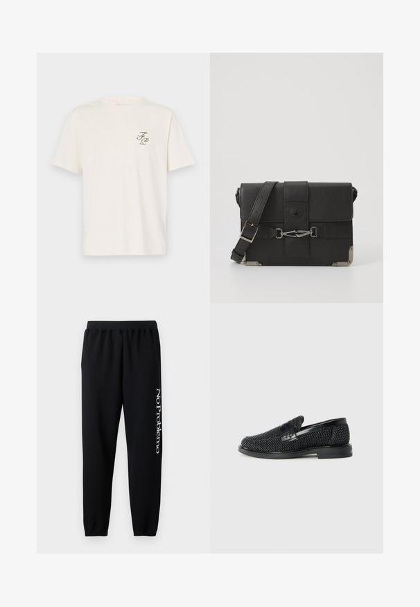 Filling Pieces TOPIARY UNISEX - Μπλουζάκι με στάμπα - antique white; Μαύρες φόρμες με ελαστική μέση, εφαρμοσμένα μπατζάκια και λευκή εκτύπωση "No Problemo" στο αριστερό πόδι. Μαλακό ύφασμα από βαμβάκι.; Μαύρο πλεκτό παπούτσι slip-on με λείο δερμάτινο στοιχείο στο άνω μέρος, στρογγυλή μύτη και χαμηλό καουτσούκ πάτο.; Μαύρη δερμάτινη τσάντα messenger με υφή, μεταλλικά αξεσουάρ, ρυθμιζόμενο λουρί και καπάκι με λεπτομέρειες από πόρπες.