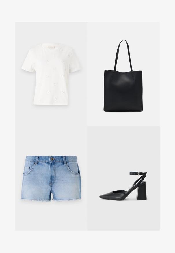 Balts kokvilnas T-krekls ar īsām piedurknēm, kas rotāts ar izšūtām ziedu motīviem. Apaļa kakla izgriezums, brīvi pieguļoša piegriezuma forma un gluda tekstūra.; Gai zilo džinsu šorti ar plīsušu apakšmalu, piecām kabatām un priekšējo pogu aizdari. Iespējamā izbalējusi izskata un taisna griezuma.; Melna ādas augstpapēžu kurpe ar norakstīto purngala formu, potītes siksniņu un masīlu papēdi. Gluda tekstūra, elegants dizains un minimālisma estētika.; Melnas ādas somiņa ar gludu tekstūru, taisnstūra formu un divām garām rokturiem. Nav redzamu aparatūras vai rotājumu.