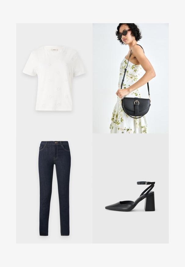 T-shirt de algodão branca com mangas curtas, apresentando motivos de flores bordados. Gola redonda, corte descontraído e textura suave.; Jeans slim fit azul escuro com bolsos frontais, passantes para cinto e fecho de botão, exibidos contra um fundo branco liso.; Sandal com biqueira afilada em couro preto, com cinta no tornozelo e salto grosso. Textura lisa, design elegante e estética minimalista.; Bolsa de couro preta com forma curva, alça destacável e detalhes em dourado. A bolsa possui uma aba com detalhe de fivela.