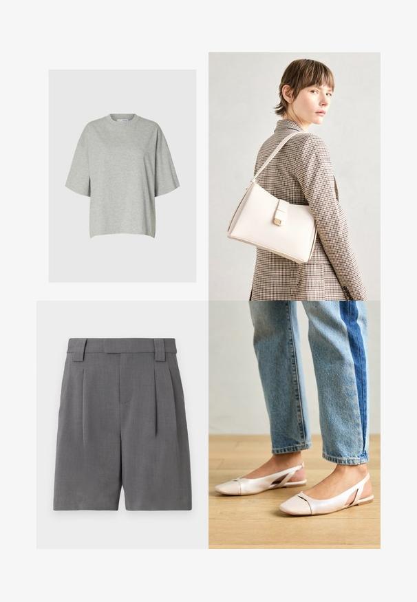 Lichtgrijze katoenen t-shirt met korte, brede mouwen en een ronde halslijn. Zachte textuur, relaxte pasvorm, minimale stikseldetails.; Grijze op maat gemaakte shorts, gemaakt van een fijn geweven stof. Voorzien van plooien aan de voorkant, riemlussen en zijzakken voor een gestructureerde uitstraling.; Zachtroze slingback ballerina's met een spitse neus, gemaakt van een glad leerachtig materiaal. Bevat uitsnijdingen aan de zijkanten en heeft een platte hak.; Witte leren handtas met een gestructureerd ontwerp, voorzien van een magneetsluiting en een schouderriem, tentoongesteld tegen een neutrale achtergrond.