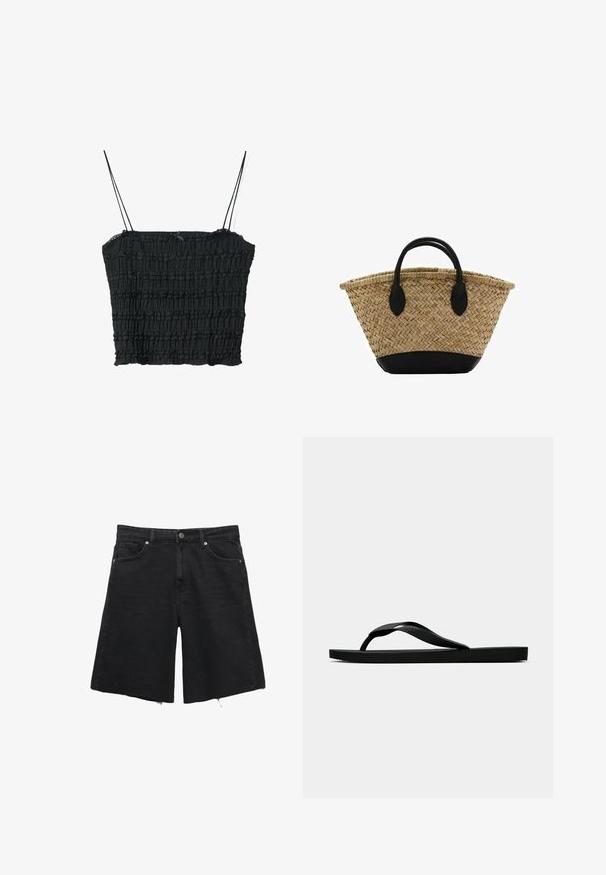 Crni crop top s tankim naramenicama, s teksturiranim, nabranim dizajnom. Izrađen je od lagane tkanine, ima ravni dekolte i uski oblik.; Crne traper kratke hlače s ležernim krojem, s kopčanjem na gumb, pet džepova i rubovima koji su iznošeni. Glatka tekstura i bez vidljivih uzoraka.; Crne gumene japanke s teksturiranim remenom i jednostavnom ravnom potplatom, prikazane s strane na jednostavnoj svijetloj pozadini.; Tkani košarica od slame s proplivšim oblikom, s crnom kožnom osnovom i ručkama. Teksturalne prirodne niti s glatkim crnim detaljima.; Kvadratni Cluse sat s bijelim licem, zlatnim i srebrnim akcentima, te bi-metalnom narukvicom koja se sastoji od naizmjeničnih zlatnih i srebrnih karika.