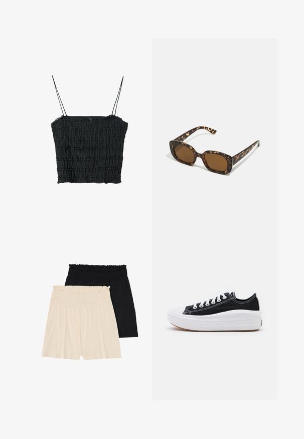 Čierny krátky top s tenkými ramienkami, s textúrovaným, naberaným dizajnom. Vyrobený z ľahkej látky, má priamy výstrih a priliehavý strih.; Dva páry voľných šortiek: jedny vo krémovej farbe a jedny čierne, obidve s volánom na elastickom páse a z jemného, ľahkého materiálu.; Čierne plátenné tenisky s bielymi šnúrkami, bielym gumovým špičkovým krytom a robustnou bielou medzipodrážkou. Obsahujú jemné biele švy a gumenú podrážku.; Slnečné okuliare v tortoiseshell štýle s okrúhlym, robustným rámom a hnedými šošovkami. Má jemné vzory a rovné, zoštíhlené ramená.; Tkaný slamený košík s rozšíreným tvarom, s čiernym koženým dnom a ušami. Textúrované prírodné vlákna s hladkými čiernymi akcentmi.; Štvorcové hodinky Cluse s bielym ciferníkom, zlatými a striebornými akcentmi a bi-metalovým remienkom so striedavými zlatými a striebornými článkami.