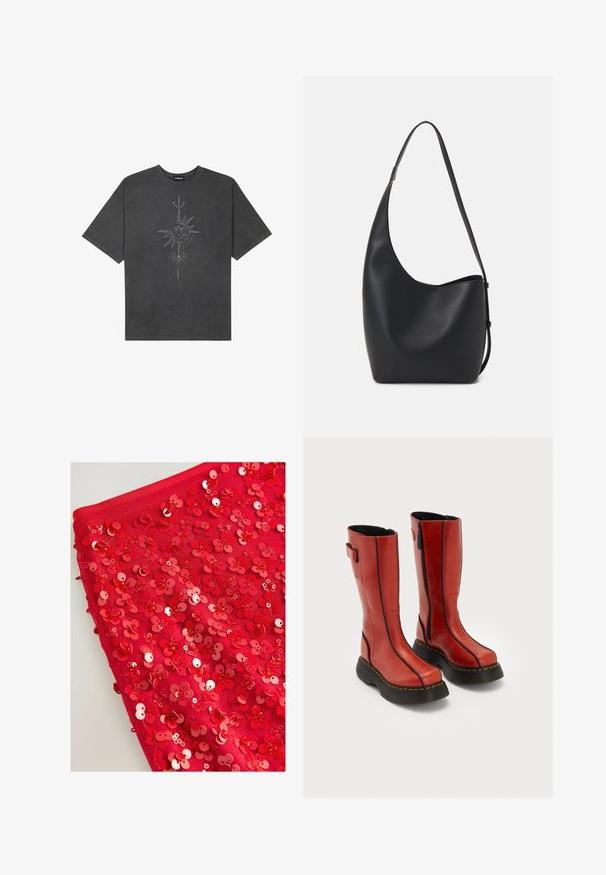 Tamsiai pilkas per didelis marškinėliai, pagaminti iš medvilnės, su centriniu saulės grafiku, turinčiu sudėtingus linijų detalizavimus, spaustu priekyje.; Raudona medžiaga, padengta blizgiais raudonais blizgučiais, formuojančiais gėlių formas, su skirtingais dydžiais ir tekstūromis, sukurianti sluoksniuotą, tekstūruotą išvaizdą.; Aukšti raudoni odiniai batai su juodais storais padais, šoninėmis užtrauktukais ir juodais siūlių akcentais, stovintys šalia vienas kito ant balto fono.; Juodas odinis hobo maišas su lygiu paviršiumi, kreipta forma ir viena reguliuojama rankena; turi platų atidarymą viršuje.