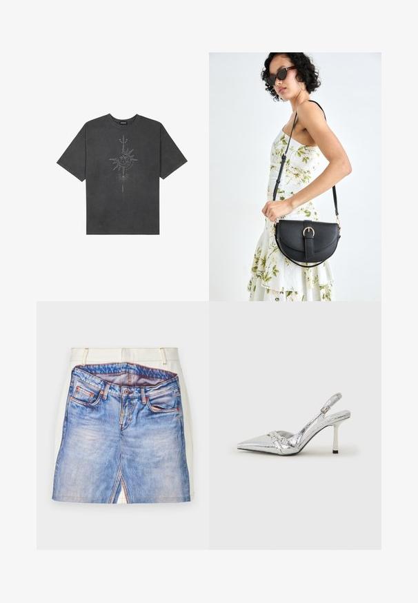Dark gray oversized t-shirt made of cotton, featuring a central sun graphic with intricate line details printed on the front.; Short denim skirt design with a printed blue jeans pattern, featuring a white waistband, orange stitching, and side slit details.; Silver slingback high heel shoe with a pointed toe, metallic finish, two decorative straps, and a slender heel with a black tip.; Black leather handbag with a curved shape, detachable strap, and gold hardware. The bag features a flap with a buckle detail.