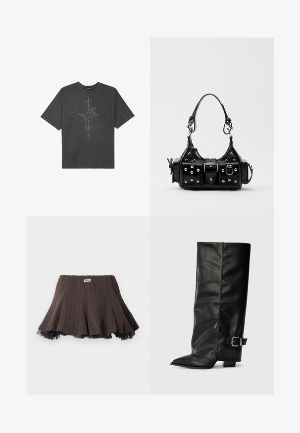 Sötétszürke, nagy méretű pamut póló, középen nap motívummal, aprólékos vonal részletekkel nyomtatva elöl.; Barna pliszírozott szoknya texturált anyagból, fekete tüllréteggel a szegélyén és egy kis logó címkével a derékpánton.; Fekete bőr bokáig érő csizmák hegyes orral, sima felülettel és ezüst csattal az oldalon. Tömbös négyzet alakú sarok.; Fekete bőr kézitáska ívelt designnal, ezüst szegecsekkel, csattal és két oldalsó zsebbel. Állítható vállpánt a hordozási lehetőségekhez.