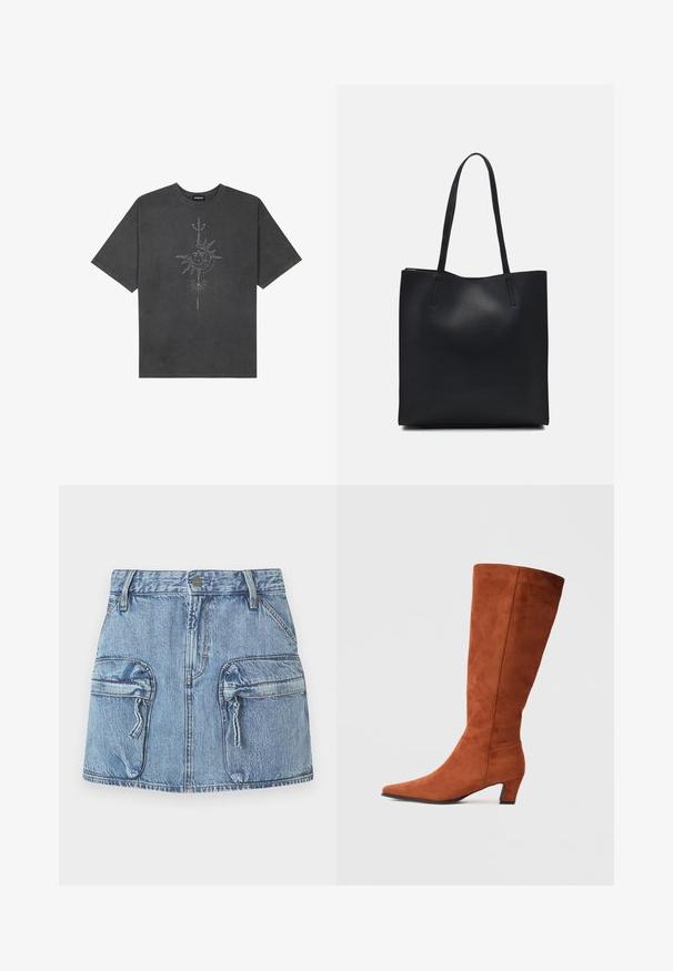 Temno siva oversize majica iz bombaža, z centralno grafiko sonca z zapletenimi črtnimi podrobnostmi natisnjenimi spredaj.; Modra denim mini krilo z dvema velikima sprednjima žepoma s preklopom, z zadrgami in pasicami na pasu.; Rjavi suede škornji do kolen s koničastim nosom in majhno blok peto, ki se ponašajo z gladko teksturo in minimalističnim dizajnom.; Črna usnjena torba s svilnato teksturo, pravokotne oblike in dvema dolgima ročajema. Brez vidnih metalnih delov ali okrasnih elementov.