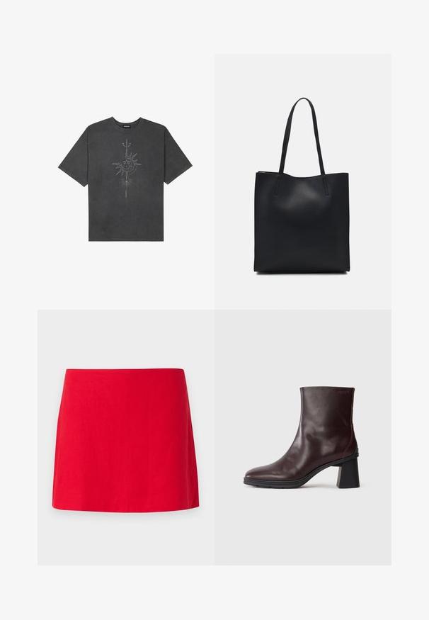 Tamno siva oversized majica od pamuka, s centralnom grafikom sunca s složenim linijskim detaljima ispisanim na prednjoj strani.; Crvena lanena mini suknja jednostavnog, ravnog dizajna, s glatkom teksturom i bez vidljivih uzoraka ili dodataka.; Tamno smeđe kožne čizme do gležnja s blok petom i okruglim vrhom, prikazane na jednostavnom svijetlosivom pozadinskom fontu.; Crna kožna torba za nošenje s glatkom teksturom, pravokutnim oblikom i dvije duge ručke. Nema vidljivih metalnih dijelova ili ukrasa.
