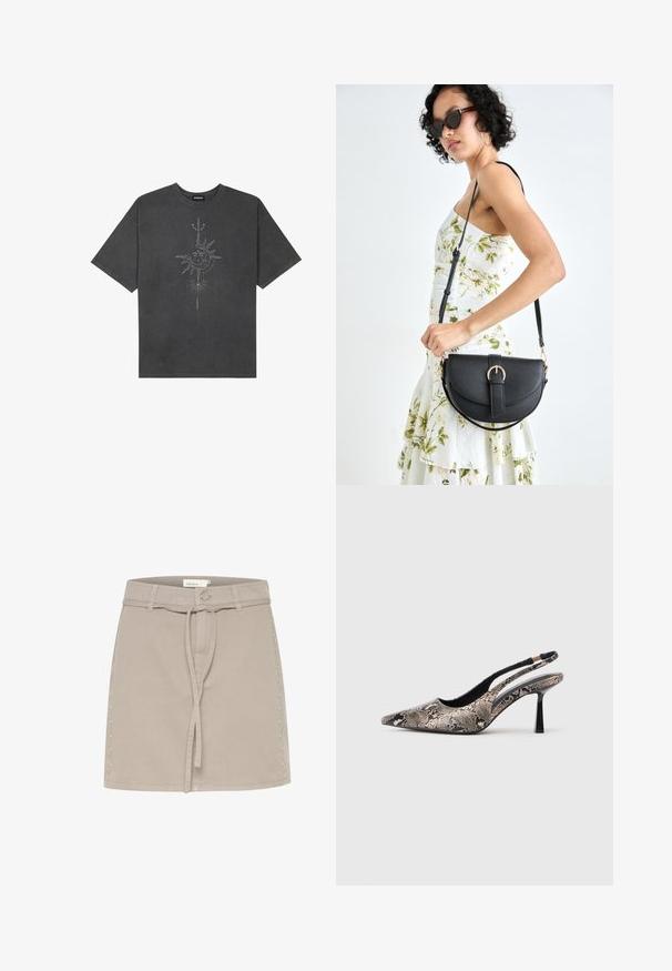 Dark gray oversized t-shirt made of cotton, featuring a central sun graphic with intricate line details printed on the front.; Beige denim mini skirt with belt loops, front tie, and decorative studs along the right side. Smooth texture and structured shape.; Pointed-toe slingback shoes made of textured snake print material, featuring a slender black heel and a cutout design on the sides.; Black leather handbag with a curved shape, detachable strap, and gold hardware. The bag features a flap with a buckle detail.