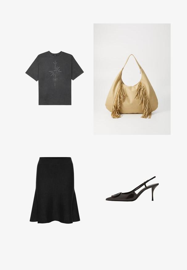 Dark gray oversized t-shirt made of cotton, featuring a central sun graphic with intricate line details printed on the front.; Black knit flared skirt with a wide waistband. Features a smooth texture and gentle flare at the hem. No visible patterns or accents.; Black patent leather slingback shoe with pointed toe, minimalistic design, small circular accent on the vamp, and slender heel.; Tan suede shoulder bag with a large opening and long fringe accents on both sides, featuring a smooth texture and a single handle.