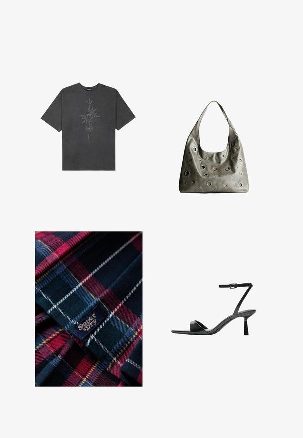 T-shirt oversize grigio scuro in cotone, con una grafica centrale di un sole con dettagli intricati stampati sul davanti.; Superdry & Co CHECK - Gonna a pieghe - blue red check; Bershka Sandali con tacco - black; Borsa a tracolla in pelle verde oliva con un design morbido, caratterizzata da tagli circolari di diverse dimensioni e dettagli in tonalità più scure e più chiare.