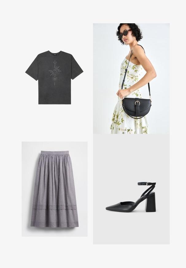 Dark gray oversized t-shirt made of cotton, featuring a central sun graphic with intricate line details printed on the front.; Black and white checked midi skirt featuring an elastic waistband, gathered texture, and visible stitching details along the hemline.; Black leather pointy-toe pump with an ankle strap and a chunky heel. Flat texture, sleek design, and minimalistic aesthetics.; Black leather handbag with a curved shape, detachable strap, and gold hardware. The bag features a flap with a buckle detail.