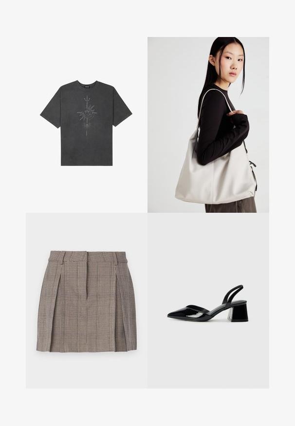 T-shirt oversize grigio scuro in cotone, con una grafica centrale di un sole con dettagli intricati stampati sul davanti.; Gonna a quadri marrone con vita aderente, pieghe sui lati e una texture a fantasia, realizzata in un tessuto leggero e tessuto.; Décolleté in vernice nera con punta affusolata e tacco in geometria cubica. Presentano un design elegante e minimalista, con una texture liscia.; Borsa a mano beige realizzata in materiale morbido, caratterizzata da un design morbido, dettagli cuciti e due manici. Adatta per l'uso quotidiano.
