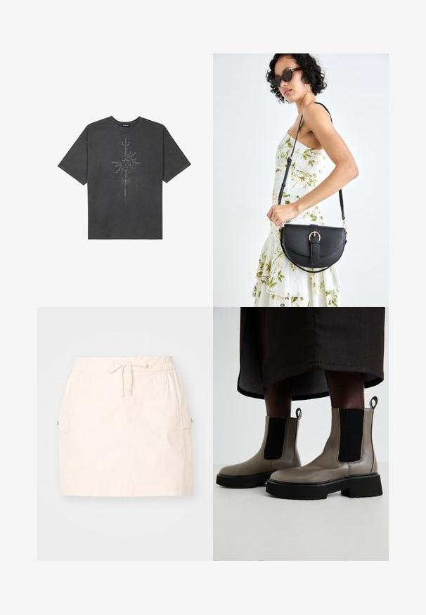 Mörkgrå överdimensionerad t-shirt i bomull, med en central solgrafik med intrikata linjedetaljer tryckta på framsidan.; Ljusbeige bomullskjol med elastisk midja och dragsnörningar, två sidofickor och rak skärning. Slät textur.; Grå ankboots tillverkade av texturerat läder med elastiska sidopaneler och en kraftig svart sula. Har dragremmar för enkel påtagning.; Svart läderhandväska med en böjd form, avtagbar rem och guldiga detaljer. Väskan har ett lock med en spänndetalj.