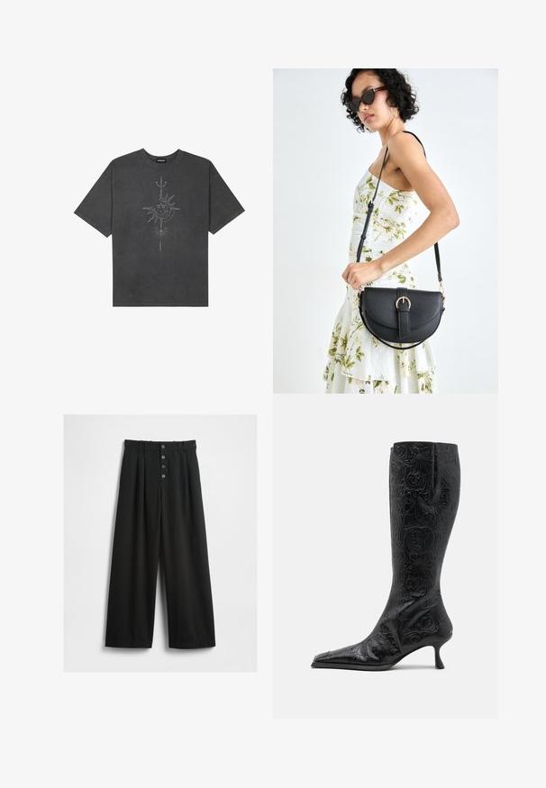 Sötétszürke, nagy méretű pamut póló, középen nap motívummal, aprólékos vonal részletekkel nyomtatva elöl.; Texturált anyagból készült széles lábú fekete nadrág. Magas derekú, öt gombos elülső záródással és a részleteket kiemelő pliszézett betétekkel rendelkezik.; MIISTA ALFREDA TALL BOOTS - Csizmák - black; Fekete bőrtáska ívelt formával, levehető pánttal és arany színű fémrészekkel. A táskán egy csattal díszített fedél található.