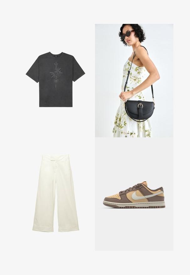 Sötétszürke, nagy méretű pamut póló, középen nap motívummal, aprólékos vonal részletekkel nyomtatva elöl.; Széles szárú nadrág puha, krém színű anyagból. Lapostermésű derékpánttal és felgöngyölt szárakkal rendelkezik. Simább textúrájú, letisztult, minimalista dizájnnal.; A Nike Dunk tornacipő barna és bézs bőr felső résszel rendelkezik, párnázott nyakkal és fehér swoosh logóval, valamint gumi talppal és perforált orral.; Fekete bőrtáska ívelt formával, levehető pánttal és arany színű fémrészekkel. A táskán egy csattal díszített fedél található.