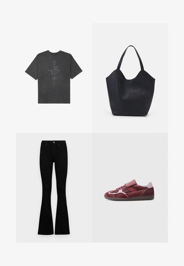 Dunkelgraues, oversized T-Shirt aus Baumwolle, das auf der Vorderseite mit einem zentralen Sonnenmotiv und komplexen Liniendetails bedruckt ist.; Schwarze ausgestellte Jeans aus Denim. Verfügt über einen Knopfverschluss, fünf Taschen und eine glatte Textur. Der ausgestellte Beinabschnitt beginnt unterhalb des Knies.; Rote Wildleder-Sneaker mit einer glatten Zehenpartie, strukturierten Seitenpanelen, farblich abgestimmten Schnürsenkeln und einem Klettverschluss. Verfügt über eine strapazierfähige schwarze Gummi-Außensohle.; Schwarze Tote-Bag aus glattem Leder, mit einem abgerundeten, offenen Oberteil, zwei Schulterträgern und einem minimalistischen Design.