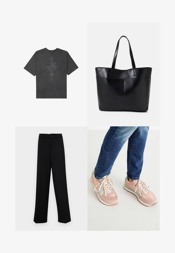 Dark gray oversized t-shirt made of cotton, featuring a central sun graphic with intricate line details printed on the front.; Black wide-leg trousers made of smooth fabric, featuring a classic waistband with a button closure and front pleats.; Pink sneakers with suede and leather materials, featuring light blue accents, rounded toe, and white rubber soles. Laces are beige.; Black leather tote bag with two long handles, a smooth texture, and a structured shape. Features a front pocket for additional storage.