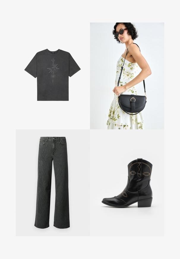 Sötétszürke, nagy méretű pamut póló, középen nap motívummal, aprólékos vonal részletekkel nyomtatva elöl.; Sötét szürke denim széles lábú farmer, diszkrét zebra mintás textúrával, kontrasztos varrással és öt zsebes kialakítással, gombos zipzárral.; Fekete bőr cowboy csizma díszes narancssárga varrással és kivágott mintával. Rövid, rakott sarokkal és hegyes orral rendelkezik.; Fekete bőrtáska ívelt formával, levehető pánttal és arany színű fémrészekkel. A táskán egy csattal díszített fedél található.