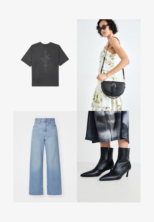 Sötétszürke, nagy méretű pamut póló, középen nap motívummal, aprólékos vonal részletekkel nyomtatva elöl.; Világoskék, magas derekú, bő szárú farmernadrág, elülső gombbal és cipzárral, elülső és hátsó zsebekkel, fehér háttérrel.; Fekete bőr bokacsizma hegyes orral és oldalsó cipzárral, keskeny sarkú véggel. Simább textúra és letisztult dizájn.; Fekete bőrtáska ívelt formával, levehető pánttal és arany színű fémrészekkel. A táskán egy csattal díszített fedél található.