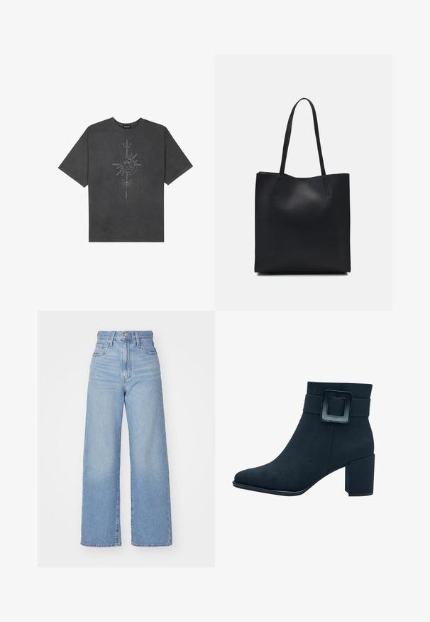 Donkergrijze oversized t-shirt van katoen, voorzien van een centrale zonafbeelding met ingewikkelde lijndetails die op de voorkant zijn gedrukt.; Lichtblauwe high-waist wijde jeans met een knoop- en ritssluiting aan de voorkant, voor- en achterzakken, op een witte achtergrond.; Zwarte suède enkellaars met een vierkante neus en een brede blokhak. Heeft een brede band met een rechthoekige gespsluiting.; Zwarte leren handtas met een gladde textuur, rechthoekige vorm en twee lange handvaten. Geen zichtbare hardware of versieringen.