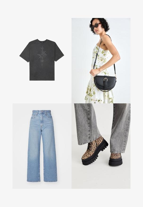 Dunkelgraues, oversized T-Shirt aus Baumwolle, das auf der Vorderseite mit einem zentralen Sonnenmotiv und komplexen Liniendetails bedruckt ist.; Hellblaue High-Waist-Weite-Leg-Jeans mit Knopf- und Reißverschluss vorne, Vorder- und Rückentaschen, auf weißem Hintergrund.; Steve Madden COAST - Schnürstiefelette - brown/multi-coloured; Schwarze Lederhandtasche mit geschwungener Form, abnehmbarem Tragegurt und goldenen Beschlägen. Die Tasche verfügt über einen Deckel mit einer Schnallen-Details.