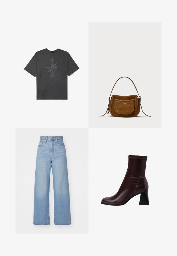 Mörkgrå överdimensionerad t-shirt i bomull, med en central solgrafik med intrikata linjedetaljer tryckta på framsidan.; Ljusblå högmidjade vida jeans med knapp- och dragkedjestängning, fram- och bakfickor, mot en vit bakgrund.; Stradivarius BLOCK - Stövletter - dark red; Suze-brun axelväska med en böjd form, kontrasterande sömmar, detaljer i guldton och en dragkedjeförsedd framficka.