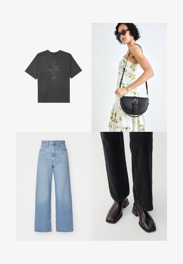 Dark gray oversized t-shirt made of cotton, featuring a central sun graphic with intricate line details printed on the front.; Light blue high-waist wide-leg jeans with front button and zip closure, front and back pockets, on a white background.; Brown leather ankle boots with a square toe and block heel, paired with black wide-leg jeans. Smooth texture and minimalistic design.; Black leather handbag with a curved shape, detachable strap, and gold hardware. The bag features a flap with a buckle detail.