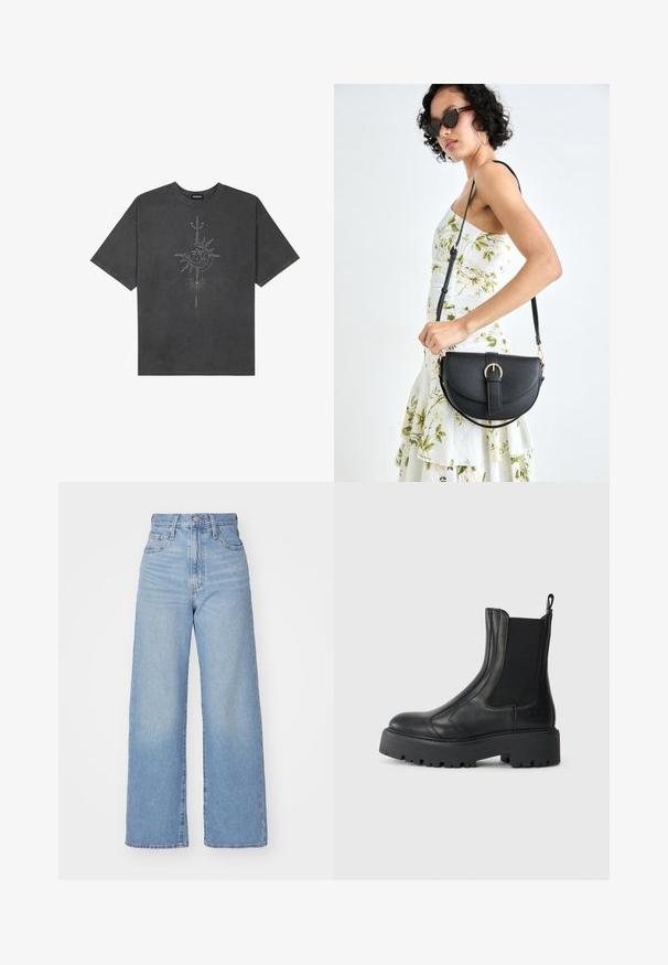 Tumehall pehmea t-särk, mis on valmistatud puuvillast, esiküljel on keeruliste joontega trükitud keskmine päikesegraafika.; Heledad sinine kõrge vöökohaga laiad teksad, ees nupp ja tõmblukk, ees ja taga taskud, valge tausta peal.; Mustad musta nahast pahkluu saar, millel on elastsed külgpaneelid, ümar varvas ja löögitundlik tekstuuriga kummitald. Tagaküljel on tõmblukk.; Mustmust mustraha kõverate joontega, eemaldatava rihmaga ja kuldsete detailidega. Kotil on klapp, millel on pandladetail.