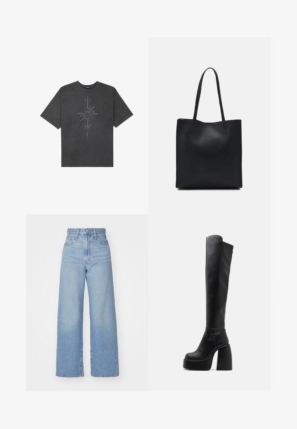 Tumehall pehmea t-särk, mis on valmistatud puuvillast, esiküljel on keeruliste joontega trükitud keskmine päikesegraafika.; Heledad sinine kõrge vöökohaga laiad teksad, ees nupp ja tõmblukk, ees ja taga taskud, valge tausta peal.; Buffalo HEART STRETCH BOOT - Platvormsaapad - black; Mustast nahast kott sujuva tekstuuriga, ristkülikukujuline ja kahe pika sangaga. Pole nähtavat riistvara ega kaunistusi.