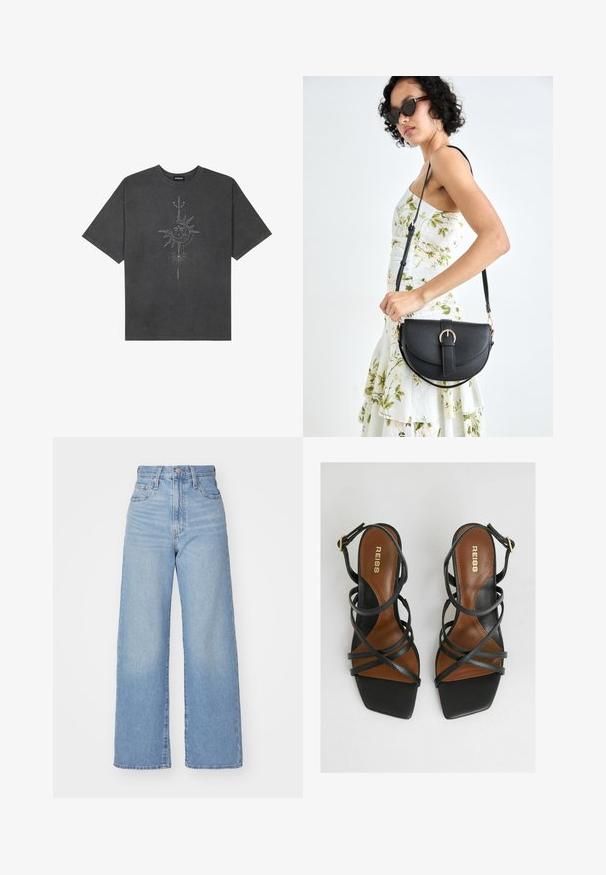 Tamsiai pilkas per didelis marškinėliai, pagaminti iš medvilnės, su centriniu saulės grafiku, turinčiu sudėtingus linijų detalizavimus, spaustu priekyje.; Šviesiai mėlynos aukšto liemens plačios kojos džinsai su priekiniais užtrauktukais ir sagom, priekinėmis ir galinėmis kišenėmis, ant baltos fono.; Juodi aukštakulniai sandalai su keliais siaurais dirželiais, kvadratine nosimi, rudomis vidpadžiais ir auksiniu sagties akcentu ant kulkšnies dirželio.; Juodas odinis krepšys su išlenkta forma, nuimamu dirželiu ir auksiniais detalėmis. Krepšys turi kilpą su sagtimi.