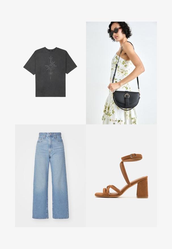 T-shirt surdimensionné gris foncé en coton, avec un graphisme central représentant un soleil, ornée de détails de lignes complexes imprimés sur le devant.; Jean large taille haute bleu clair avec bouton et fermeture éclair à l'avant, poches avant et arrière, sur fond blanc.; Sandales à talons en daim synthétique marron avec un large talon bloc, plusieurs brides croisées et une boucle ajustable à la cheville. Texture douce, design à bout ouvert.; Sac à main en cuir noir avec une forme courbée, bandoulière amovible et des accessoires en or. Le sac est doté d'un rabat avec un détail de boucle.
