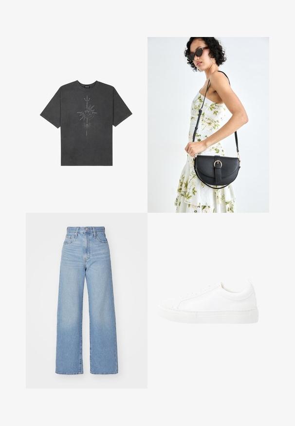 Dark gray oversized t-shirt made of cotton, featuring a central sun graphic with intricate line details printed on the front.; Light blue high-waist wide-leg jeans with front button and zip closure, front and back pockets, on a white background.; White leather sneaker featuring a low-cut design, rounded toe, lace-up front, and thick white rubber sole with a subtle seam detail.; Black leather handbag with a curved shape, detachable strap, and gold hardware. The bag features a flap with a buckle detail.