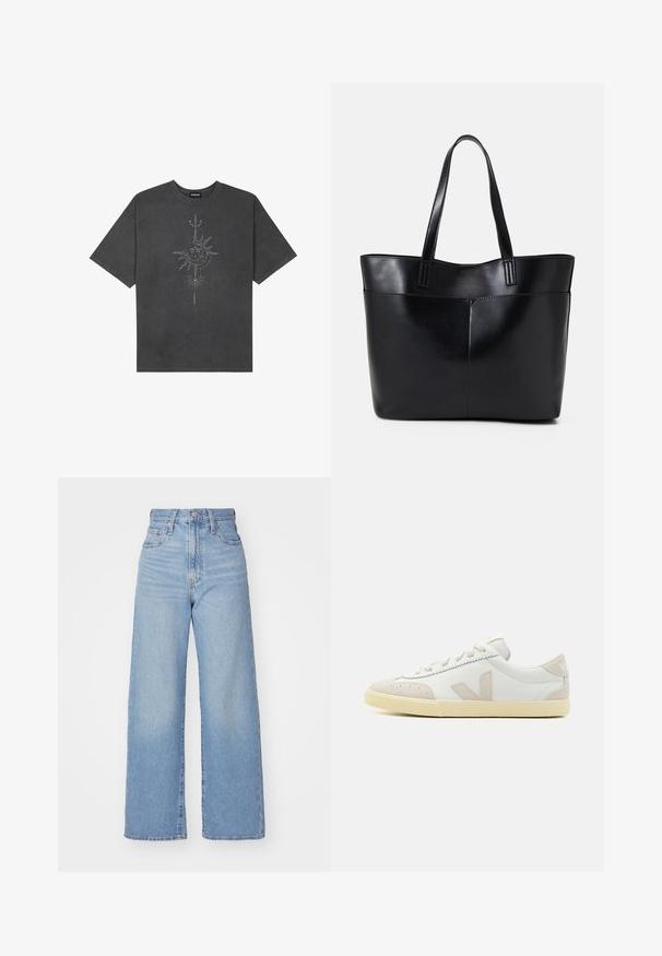 Tumehall pehmea t-särk, mis on valmistatud puuvillast, esiküljel on keeruliste joontega trükitud keskmine päikesegraafika.; Heledad sinine kõrge vöökohaga laiad teksad, ees nupp ja tõmblukk, ees ja taga taskud, valge tausta peal.; Valge nahkne tennisekeng beeži sametise detailiga, ümmargune varvas, lame pael, tekstuuriga kummist tallad ja allkirja "V" logo küljes.; Must mustaga musta nahast, millel on kaks pikka kanda, sile tekstuur ja struktureeritud kuju. Esipoolsel on lisakoti jaoks tasku.