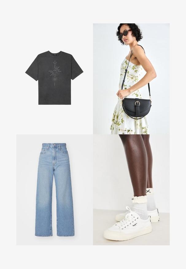 T-shirt oversized cinza escuro feito de algodão, apresentando um gráfico central do sol com detalhes de linhas intrincadas impressos na frente.; Jeans de cintura alta e perna larga em azul claro, com fecho frontal de botão e zíper, bolsos frontais e traseiros, sobre um fundo branco.; Sapatilhas brancas de canvas com solas texturizadas, combinadas com meias de tornozelo cinza claro e punhos de creme frisados; detalhe do logótipo preto nos sapatos.; Bolsa de couro preta com forma curva, alça destacável e detalhes em dourado. A bolsa possui uma aba com detalhe de fivela.