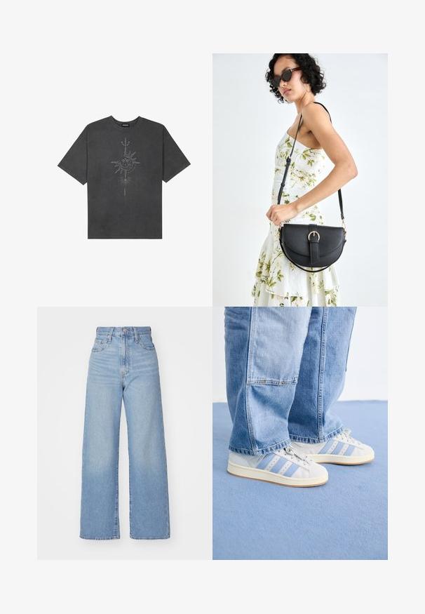 T-shirt oversized cinza escuro feito de algodão, apresentando um gráfico central do sol com detalhes de linhas intrincadas impressos na frente.; Jeans de cintura alta e perna larga em azul claro, com fecho frontal de botão e zíper, bolsos frontais e traseiros, sobre um fundo branco.; Ténis cinza claro com riscas azuis, material de camurça suave, biqueira redonda e solas de borracha brancas; combinados com jeans de denim azul claro.; Bolsa de couro preta com forma curva, alça destacável e detalhes em dourado. A bolsa possui uma aba com detalhe de fivela.