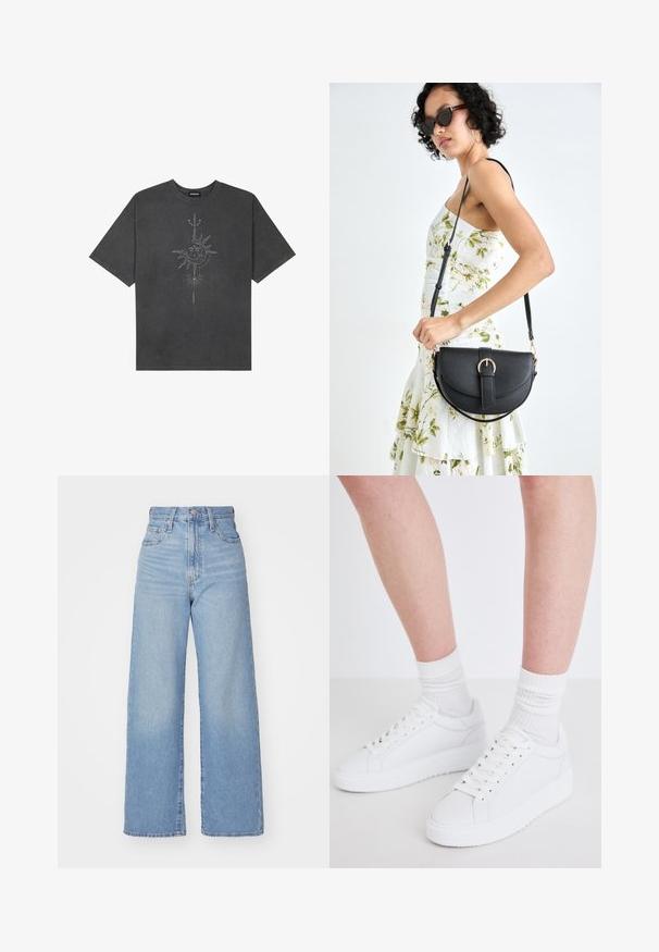 Sötétszürke, nagy méretű pamut póló, középen nap motívummal, aprólékos vonal részletekkel nyomtatva elöl.; Világoskék, magas derekú, bő szárú farmernadrág, elülső gombbal és cipzárral, elülső és hátsó zsebekkel, fehér háttérrel.; Copenhagen Studios CPH72 - Sportcipő - white; Fekete bőrtáska ívelt formával, levehető pánttal és arany színű fémrészekkel. A táskán egy csattal díszített fedél található.