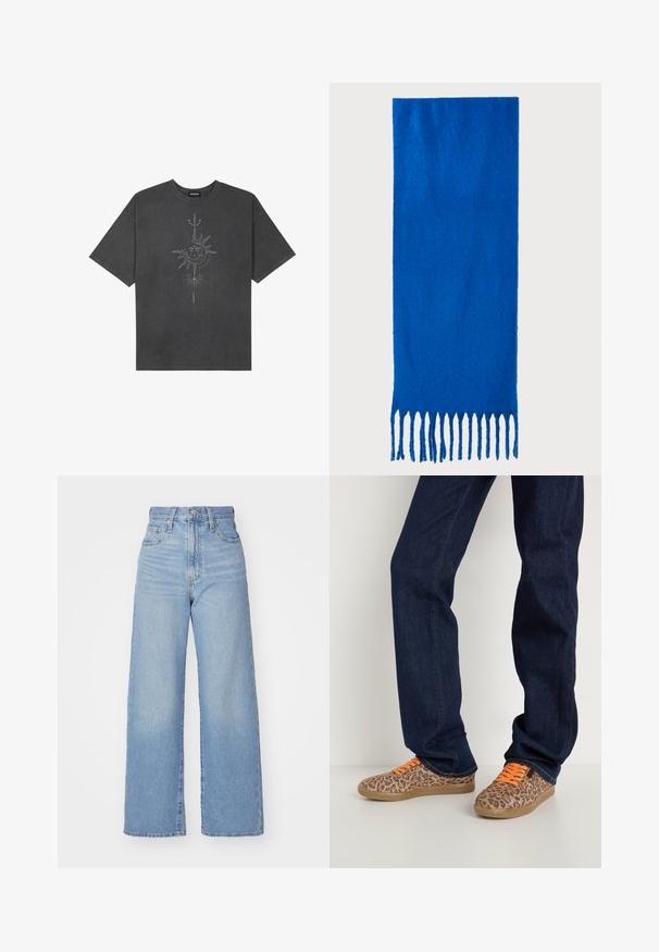 Dark gray oversized t-shirt made of cotton, featuring a central sun graphic with intricate line details printed on the front.; Light blue high-waist wide-leg jeans with front button and zip closure, front and back pockets, on a white background.; Leopard print sneakers with orange laces, a textured fabric upper, and a light brown rubber sole, paired with dark blue denim jeans.; Blue fringed scarf made of soft fabric; features a solid color with a textured surface and evenly cut fringe at the bottom.