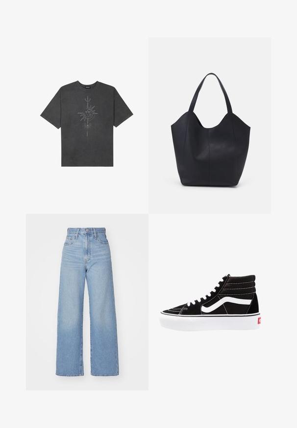 T-shirt oversize grigio scuro in cotone, con una grafica centrale di un sole con dettagli intricati stampati sul davanti.; Jeans a vita alta blu chiaro con gamba larga, chiusura frontale con bottone e zip, tasche anteriori e posteriori, su uno sfondo bianco.; Scarpe da ginnastica nere alte con lacci bianchi, un logo bianco e cuciture bianche a contrasto. Presentano una suola bianca spessa e una parte superiore in suede textured.; Borsa tote nera realizzata in pelle liscia, con una parte superiore curva e aperta, dotata di due manici per spalla e un design minimalista.