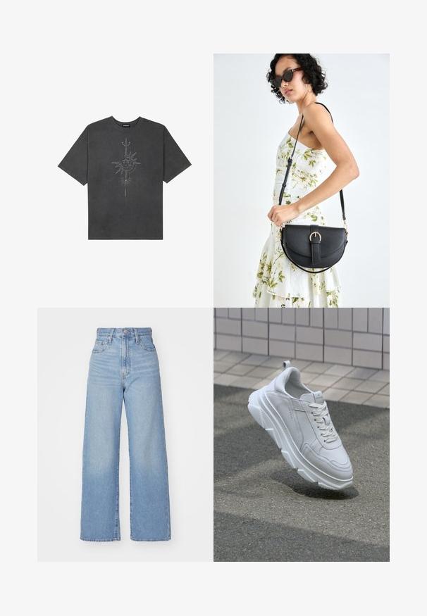 T-shirt surdimensionné gris foncé en coton, avec un graphisme central représentant un soleil, ornée de détails de lignes complexes imprimés sur le devant.; Jean large taille haute bleu clair avec bouton et fermeture éclair à l'avant, poches avant et arrière, sur fond blanc.; Basket en cuir blanc avec une semelle en caoutchouc épaisse et texturée, dotée d'un laçage et de détails de couture. Design à bout rond et soutien de la cheville.; Sac à main en cuir noir avec une forme courbée, bandoulière amovible et des accessoires en or. Le sac est doté d'un rabat avec un détail de boucle.