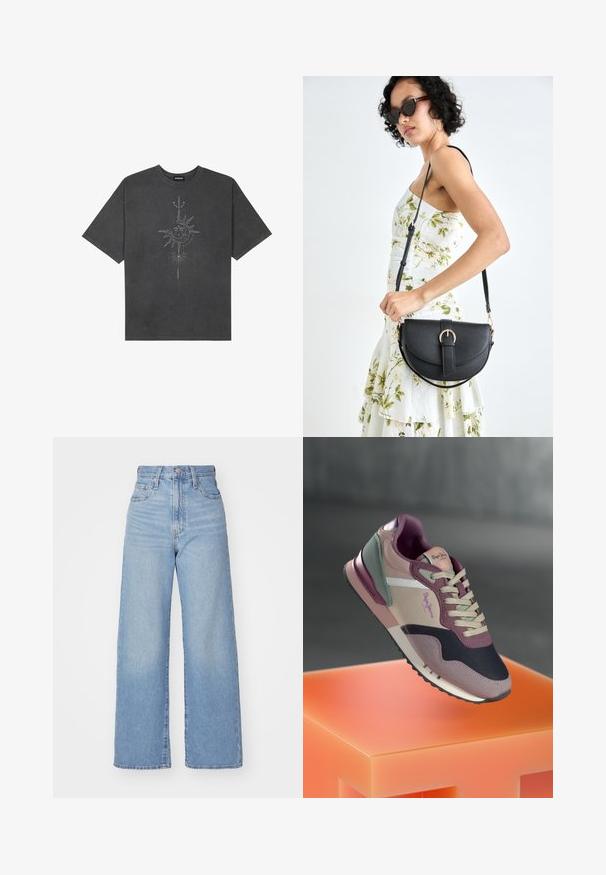 Dark gray oversized t-shirt made of cotton, featuring a central sun graphic with intricate line details printed on the front.; Light blue high-waist wide-leg jeans with front button and zip closure, front and back pockets, on a white background.; Sneaker with a mix of mauve, pink, and navy blue hues; fabric and leather materials; layered design; prominent logo, and textured accents.; Black leather handbag with a curved shape, detachable strap, and gold hardware. The bag features a flap with a buckle detail.