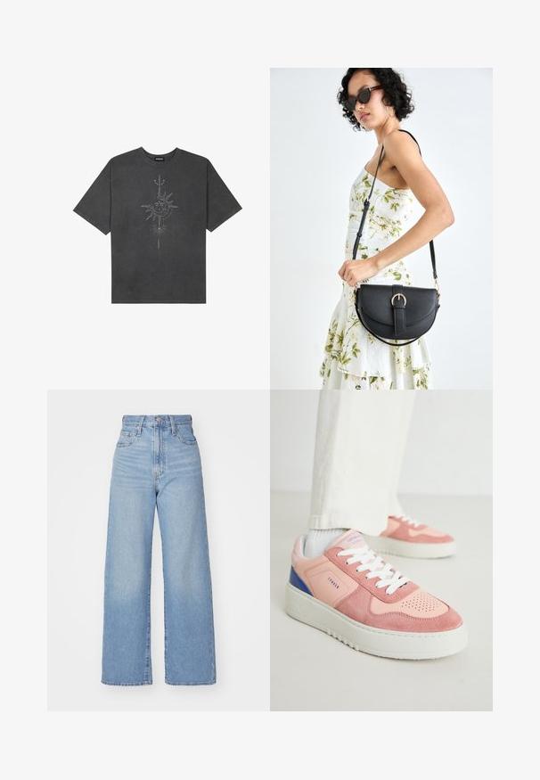 Dark gray oversized t-shirt made of cotton, featuring a central sun graphic with intricate line details printed on the front.; Light blue high-waist wide-leg jeans with front button and zip closure, front and back pockets, on a white background.; Pink and coral sneakers with suede and leather materials, white laces, and a textured rubber sole. Features blue accents on the heel.; Black leather handbag with a curved shape, detachable strap, and gold hardware. The bag features a flap with a buckle detail.