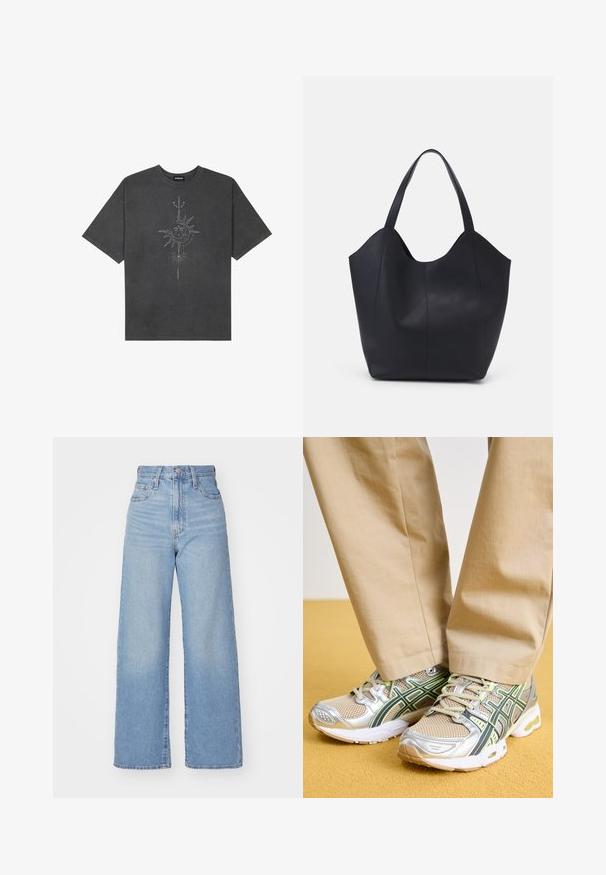 T-shirt oversized cinza escuro feito de algodão, apresentando um gráfico central do sol com detalhes de linhas intrincadas impressos na frente.; Jeans de cintura alta e perna larga em azul claro, com fecho frontal de botão e zíper, bolsos frontais e traseiros, sobre um fundo branco.; ASICS SportStyle GEL-NIMBUS 9 - Sapatilhas - feather grey/carrier grey; Saco tote preto feito de couro liso, apresentando um topo aberto curvo com duas alças de ombro e um design minimalista.