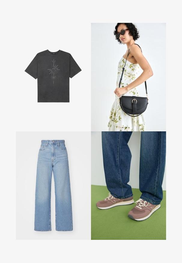 Mørkegrå oversized t-skjorte laget av bomull, med et sentralt solmotiv med intrikate linjedetaljer trykket på forsiden.; Lys blå høytlivs vide jeans med knapp- og glidelås lukking foran, foran og bak lommer, på en hvit bakgrunn.; Brune og mauve sportsko med hvite snører og en beige såle. Brukt med blå denimjeans, plassert mot en grønn overflate.; Svart lærveske med en buet form, avtagbar stropp og gullbeslag. Vesken har et klaff med spenne-detall.