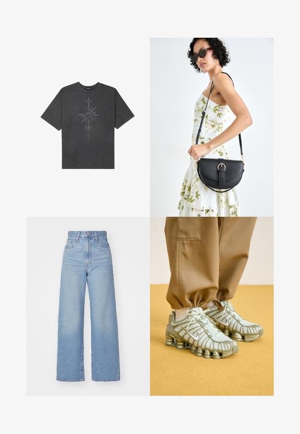 T-shirt oversized cinza escuro feito de algodão, apresentando um gráfico central do sol com detalhes de linhas intrincadas impressos na frente.; Jeans de cintura alta e perna larga em azul claro, com fecho frontal de botão e zíper, bolsos frontais e traseiros, sobre um fundo branco.; Ténis Nike com um superior de malha verde pastel, sola cinza espessa e uma marcação discreta, emparelhados com calças de jogging cáqui. Detalhes texturizados visíveis.; Bolsa de couro preta com forma curva, alça destacável e detalhes em dourado. A bolsa possui uma aba com detalhe de fivela.