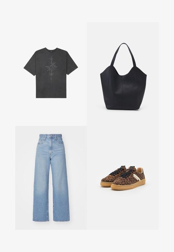 Donkergrijze oversized t-shirt van katoen, voorzien van een centrale zonafbeelding met ingewikkelde lijndetails die op de voorkant zijn gedrukt.; Lichtblauwe high-waist wijde jeans met een knoop- en ritssluiting aan de voorkant, voor- en achterzakken, op een witte achtergrond.; Een paar bruin lederen sneakers met een luipaardprint, zwarte veters, beige gumzolen en witte accenten aan de zijkanten, op een witte achtergrond.; Zwarte tote tas van glad leer, met een gebogen, open bovenkant en twee schouderbanden, en een minimalistisch ontwerp.