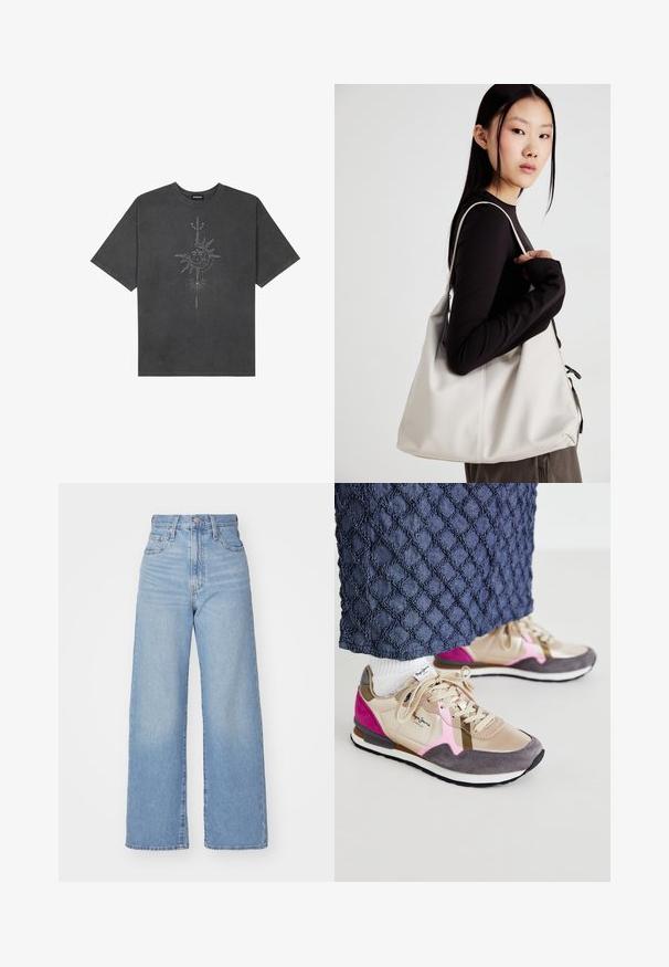 T-shirt oversized cinza escuro feito de algodão, apresentando um gráfico central do sol com detalhes de linhas intrincadas impressos na frente.; Jeans de cintura alta e perna larga em azul claro, com fecho frontal de botão e zíper, bolsos frontais e traseiros, sobre um fundo branco.; Ténis em tons de bege, cinza e rosa apresentam uma combinação de couro liso e camurça. Completos com atacadores e uma sola branca contrastante.; Uma bolsa bege feita de material macio, com um design descontraído, detalhes de costura e duas alças para o ombro. Adequada para uso diário.