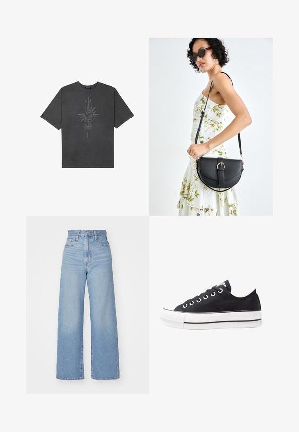 Mørkegrå oversized t-skjorte laget av bomull, med et sentralt solmotiv med intrikate linjedetaljer trykket på forsiden.; Lys blå høytlivs vide jeans med knapp- og glidelås lukking foran, foran og bak lommer, på en hvit bakgrunn.; Svart canvas sneakers med hvit gummisåle, rund tå, lavt design, metalløye og teksturert tåhette. Tynn svart stripe langs sålen.; Svart lærveske med en buet form, avtagbar stropp og gullbeslag. Vesken har et klaff med spenne-detall.