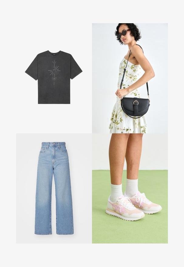 T-shirt oversized cinza escuro feito de algodão, apresentando um gráfico central do sol com detalhes de linhas intrincadas impressos na frente.; Jeans de cintura alta e perna larga em azul claro, com fecho frontal de botão e zíper, bolsos frontais e traseiros, sobre um fundo branco.; Sapatilhas desportivas leves em malha rosa e branca com um design texturizado. Apresentam um colarinho acolchoado e solas de borracha para maior aderência.; Bolsa de couro preta com forma curva, alça destacável e detalhes em dourado. A bolsa possui uma aba com detalhe de fivela.