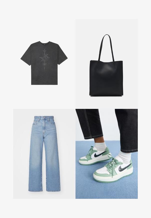 Mørkegrå oversized t-skjorte laget av bomull, med et sentralt solmotiv med intrikate linjedetaljer trykket på forsiden.; Lys blå høytlivs vide jeans med knapp- og glidelås lukking foran, foran og bak lommer, på en hvit bakgrunn.; Jordan AIR JORDAN 1 ELEVATE - Joggesko - jade smoke/white/anthracite/sail; Svart lær tote bag med glatt tekstur, rektangulær form og to lange håndtak. Ingen synlige deler eller dekorasjoner.